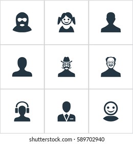 Set Of 9 Simple Member Icons. Can Be Found Such Elements As Little Girl, Whiskers Man, Workman And Other.