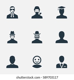 Set Of 9 Simple Member Icons. Can Be Found Such Elements As Portrait, Internet Profile, Spy And Other.