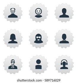 Set Of 9 Simple Member Icons. Can Be Found Such Elements As Woman User, Bodyguard, Whiskers Man And Other.