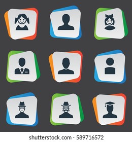Set Of 9 Simple Member Icons. Can Be Found Such Elements As Spy, Girl Face, Moustache Man And Other.