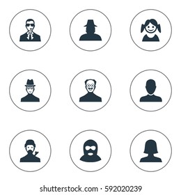 Set Of 9 Simple Member Icons. Can Be Found Such Elements As Woman User, Felon, Bodyguard And Other.