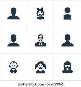 Set Of 9 Simple Member Icons. Can Be Found Such Elements As Male User, Little Girl, Felon And Other.