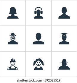 Set Of 9 Simple Member Icons. Can Be Found Such Elements As Proletarian, Woman User, Postgraduate And Other.