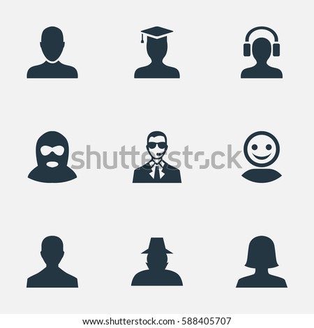 Set Of 9 Simple Member Icons. Can Be Found Such Elements As Felon, Agent, Postgraduate And Other.