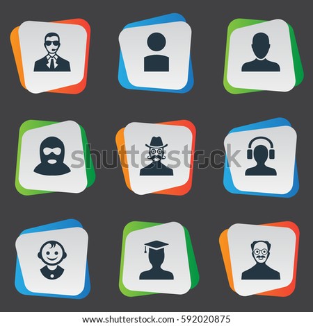 Set Of 9 Simple Member Icons. Can Be Found Such Elements As Felon, Moustache Man, Postgraduate And Other.