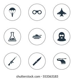 Set Of 9 Simple Military Icons. Can Be Found Such Elements As Sky Force, Rifle Gun, Cold Weapon And Other.