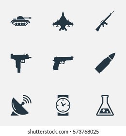 Set Of 9 Simple Military Icons. Can Be Found Such Elements As Watch, Firearm, Ammunition And Other.