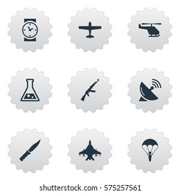 Set Of 9 Simple Military Icons. Can Be Found Such Elements As Helicopter, Sky Force, Cold Weapon And Other.