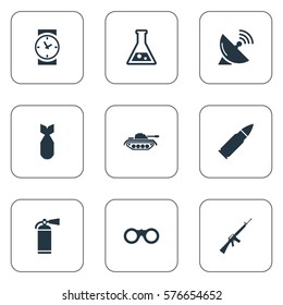 Set Of 9 Simple Military Icons. Can Be Found Such Elements As Nuke, Chemistry, Extinguisher And Other.