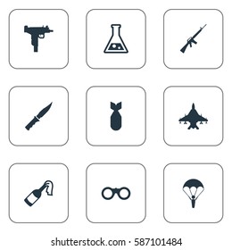 Set Of 9 Simple Military Icons. Can Be Found Such Elements As Rifle Gun, Molotov, Cold Weapon And Other.