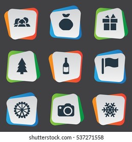 Set Of 9 Simple New Year Icons. Can Be Found Such Elements As Funfair, Pin, Bag And Other.