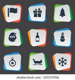 Set Of 9 Simple New Year Icons. Can Be Found Such Elements As Snow, Drink Bottle, Pin And Other.