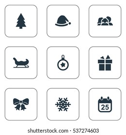 Set Of 9 Simple New Year Icons. Can Be Found Such Elements As Relatives, Christmas Decoration, Snow And Other.