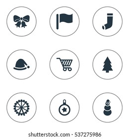 Set Of 9 Simple New Year Icons. Can Be Found Such Elements As Basket, Christmas Decoration, Ice Man And Other.