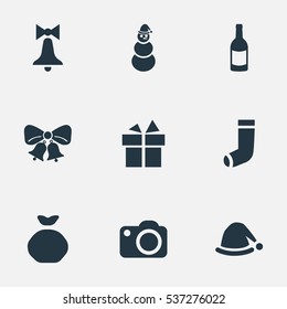 Set Of 9 Simple New Year Icons. Can Be Found Such Elements As Christmas Decoration, Photography, Ice Man And Other.