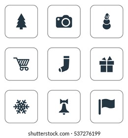 Set Of 9 Simple New Year Icons. Can Be Found Such Elements As Basket, Present, Christmas Decoration And Other.