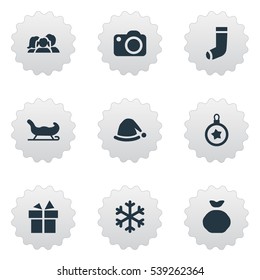 Set Of 9 Simple New Year Icons. Can Be Found Such Elements As Bag, Present, Sledge And Other.