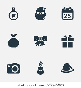 Set Of 9 Simple New Year Icons. Can Be Found Such Elements As Tree Toy, Calendar, Photography And Other.