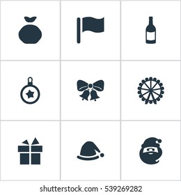 Set Of 9 Simple New Year Icons. Can Be Found Such Elements As Present, Christmas Decoration, Tree Toy And Other.