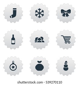 Set Of 9 Simple New Year Icons. Can Be Found Such Elements As Christmas Decoration, Snow, Bag And Other.