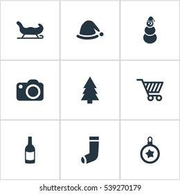 Set Of 9 Simple New Year Icons. Can Be Found Such Elements As Photography, Tree Toy, Forest And Other.
