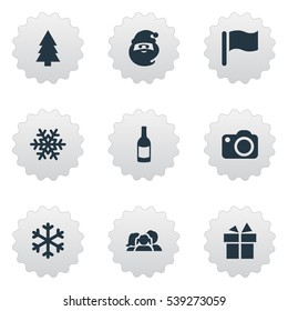 Set Of 9 Simple New Year Icons. Can Be Found Such Elements As Pin, Relatives, Drink Bottle And Other.