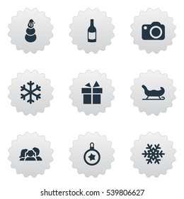 Set Of 9 Simple New Year Icons. Can Be Found Such Elements As Photography, Tree Toy, Sledge And Other.