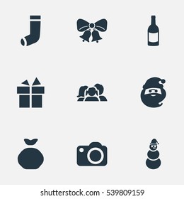 Set Of 9 Simple New Year Icons. Can Be Found Such Elements As Relatives, Drink Bottle, Christmas Decoration And Other.