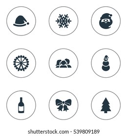 Set Of 9 Simple New Year Icons. Can Be Found Such Elements As Relatives, Forest, Christmas Decoration And Other.