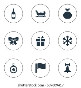 Set Of 9 Simple New Year Icons. Can Be Found Such Elements As Tree Toy, Present, Bag And Other.