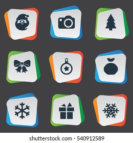 Set Of 9 Simple New Year Icons. Can Be Found Such Elements As Bag, Tree Toy, Forest And Other.