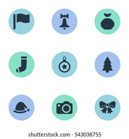 Set Of 9 Simple New Year Icons. Can Be Found Such Elements As Tree Toy, Forest, Bag And Other.