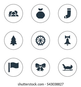 Set Of 9 Simple New Year Icons. Can Be Found Such Elements As Forest, Sledge, Bag And Other.