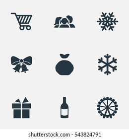 Set Of 9 Simple New Year Icons. Can Be Found Such Elements As Snow, Funfair, Christmas Decoration And Other.