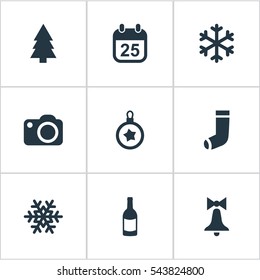 Set Of 9 Simple New Year Icons. Can Be Found Such Elements As Forest, Tree Toy, Decoration And Other.
