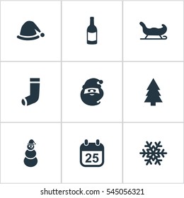 Set Of 9 Simple New Year Icons. Can Be Found Such Elements As Christmas Cap, Ice Man, Snow And Other.