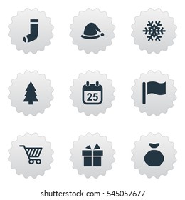 Set Of 9 Simple New Year Icons. Can Be Found Such Elements As Basket, Bag, Pin And Other.