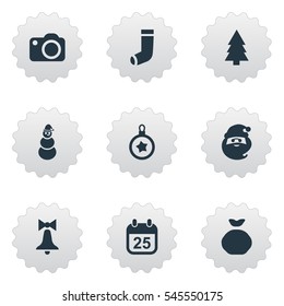 Set Of 9 Simple New Year Icons. Can Be Found Such Elements As Forest, Christmas Decoration, Photography And Other.