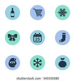Set Of 9 Simple New Year Icons. Can Be Found Such Elements As Calendar, Bag, Christmas Decoration And Other.