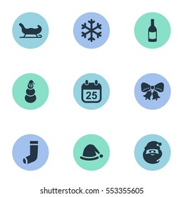 Set Of 9 Simple New Year Icons. Can Be Found Such Elements As Calendar, Christmas Decoration, Christmas Decoration And Other.