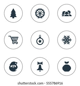 Set Of 9 Simple New Year Icons. Can Be Found Such Elements As Basket, Relatives, Tree Toy And Other.