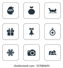 Set Of 9 Simple New Year Icons. Can Be Found Such Elements As Snow, Bag, Present And Other.