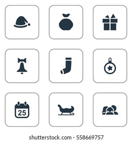 Set Of 9 Simple New Year Icons. Can Be Found Such Elements As Decoration, Christmas Decoration, Present And Other.
