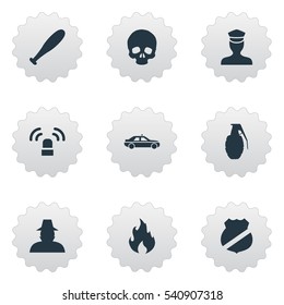 Set Of 9 Simple Offense Icons. Can Be Found Such Elements As Baseball Bat, Explode, Blaze And Other.