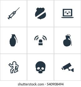 Set Of 9 Simple Offense Icons. Can Be Found Such Elements As Grid, Explosive, Siren And Other.