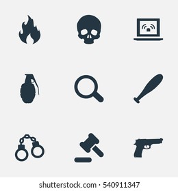 Set Of 9 Simple Offense Icons. Can Be Found Such Elements As Hammer, Grid, Pistol And Other.