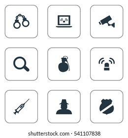 Set Of 9 Simple Offense Icons. Can Be Found Such Elements As Safety, Officer Badge, Explosive And Other.