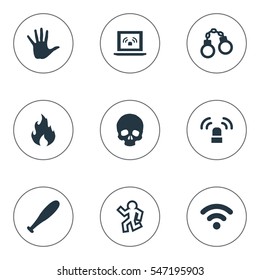 Set Of 9 Simple Offense Icons. Can Be Found Such Elements As Baseball Bat, Blaze, Siren And Other.