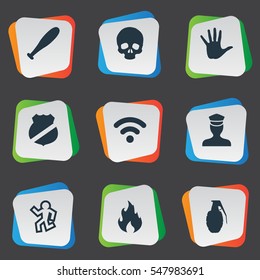 Set Of 9 Simple Offense Icons. Can Be Found Such Elements As Dead Man, Blaze, Officer Badge And Other.