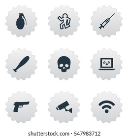 Set Of 9 Simple Offense Icons. Can Be Found Such Elements As Safety, Vaccine, Dead Man And Other.
